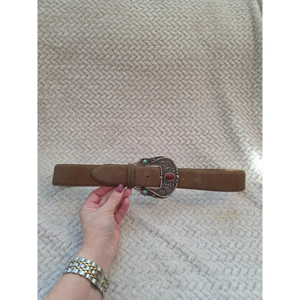 Kenneth Cole RodeoCutie Taupe Suede Leather Cowgirl Southwestern Buckle Belt MED
